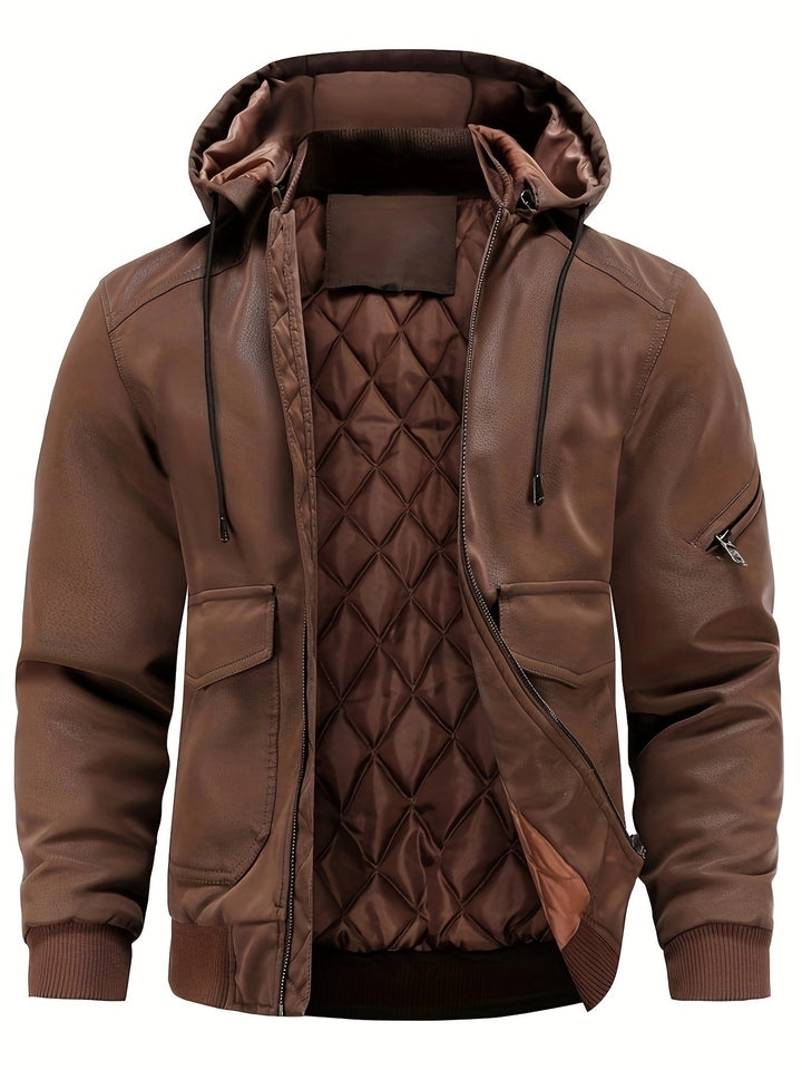 Nathanael - Wasserdichte winddichte PU Leder Winterjacke für Männer mit Kapuze