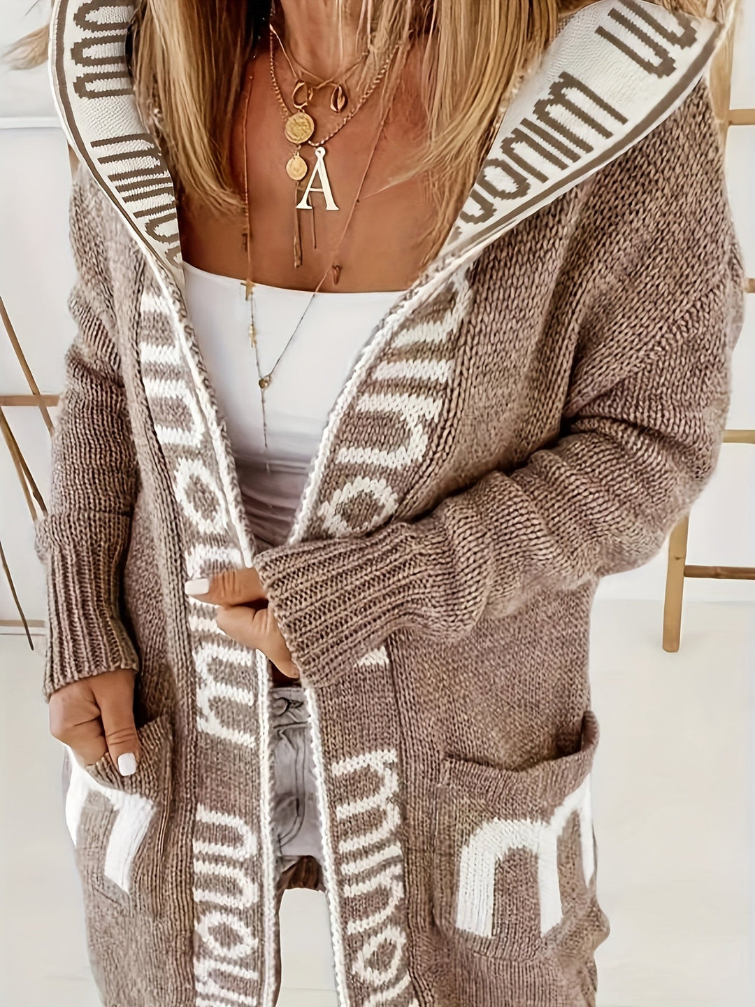 Lässiger Gedruckter Kragen Kapuzen Strickjacke Für Damen | Perfekt für entspannte Tage