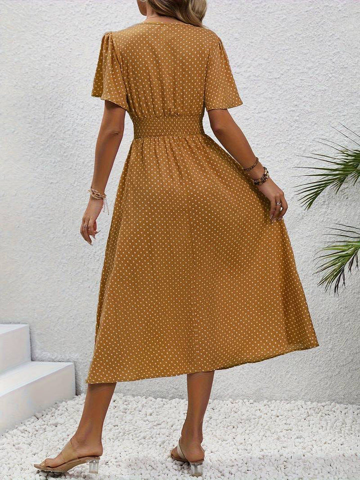 Abito midi da donna con pois e coulisse – Abito estivo arioso con scollo a V e maniche corte
