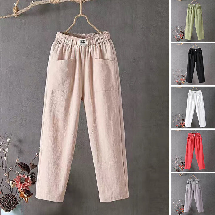 Pantalon en lin pour femmes avec ceinture élastique – Pantalon ample décontracté avec poches style bohème