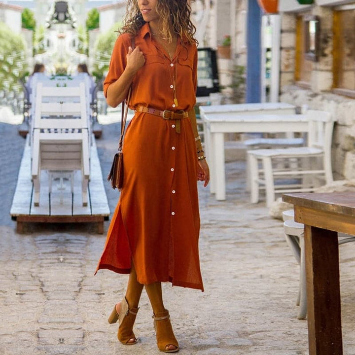 Vestito Camicia Midi Elegante – Fascino Rustico con Cintura in Vita