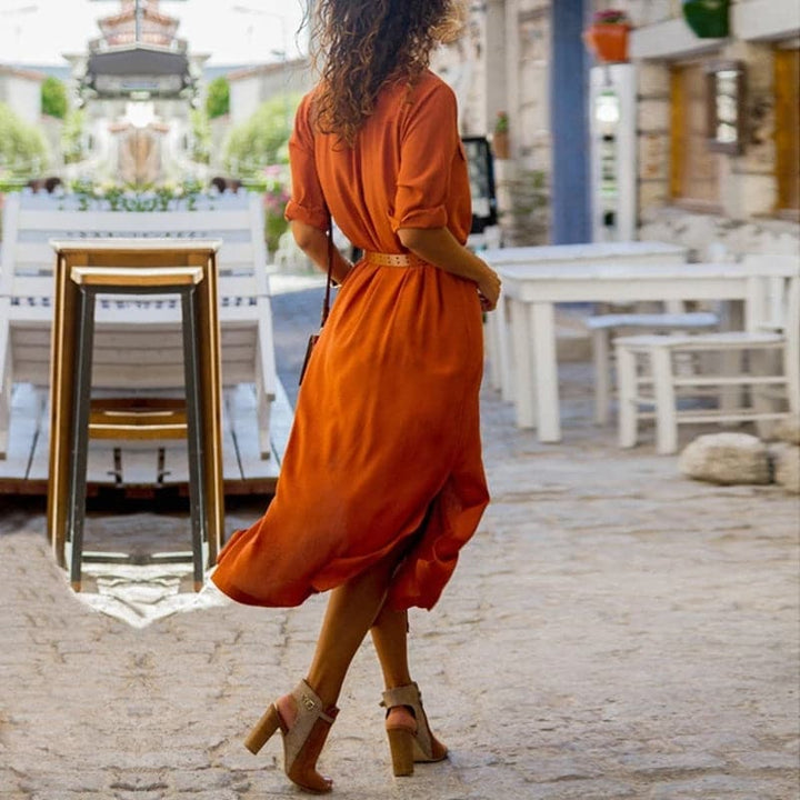 Vestito Camicia Midi Elegante – Fascino Rustico con Cintura in Vita