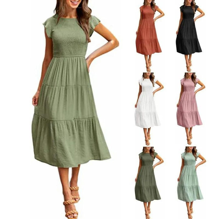 Damen Sommerkleid mit Smok-Oberteil – Luftiges Midikleid mit kurzen Ärmeln & Stufenrock für Alltag & Urlaub