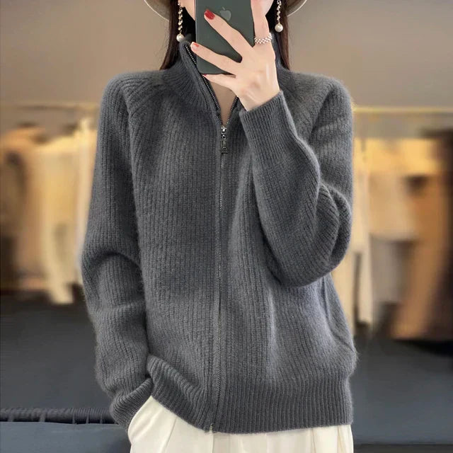 Wool knit jacket with zipper