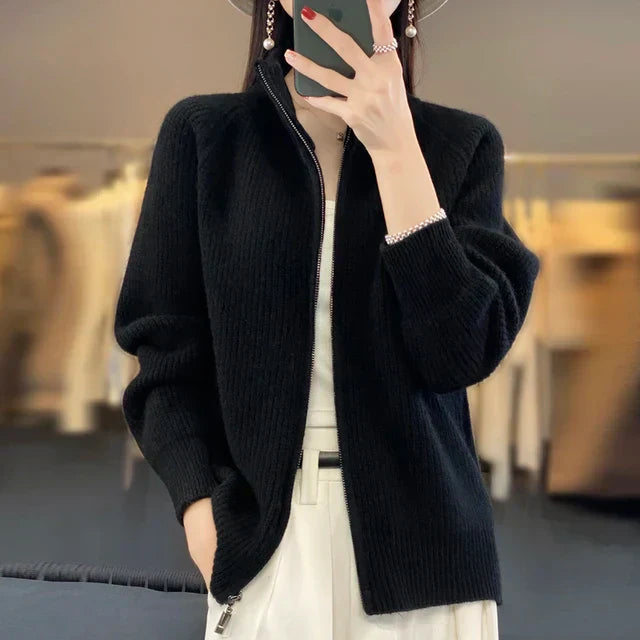 Wool knit jacket with zipper