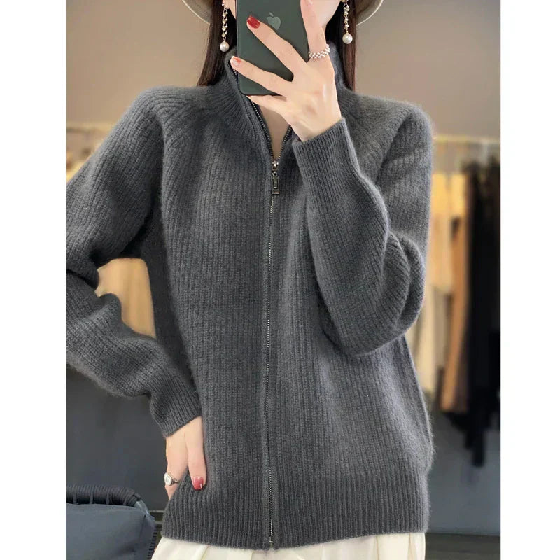 Wool knit jacket with zipper
