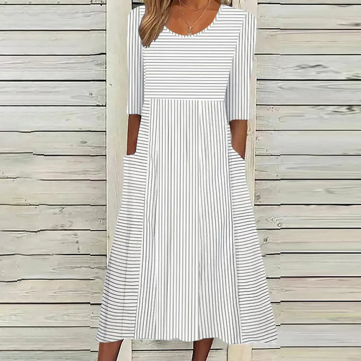 Abito a-linea da donna con motivo a righe e tasche – Abito midi ampio con scollo rotondo e maniche a metà – Abito estivo per tutti i giorni e tempo libero
