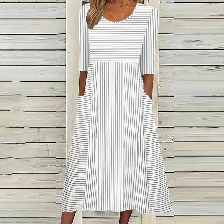 Abito a-linea da donna con motivo a righe e tasche – Abito midi ampio con scollo rotondo e maniche a metà – Abito estivo per tutti i giorni e tempo libero