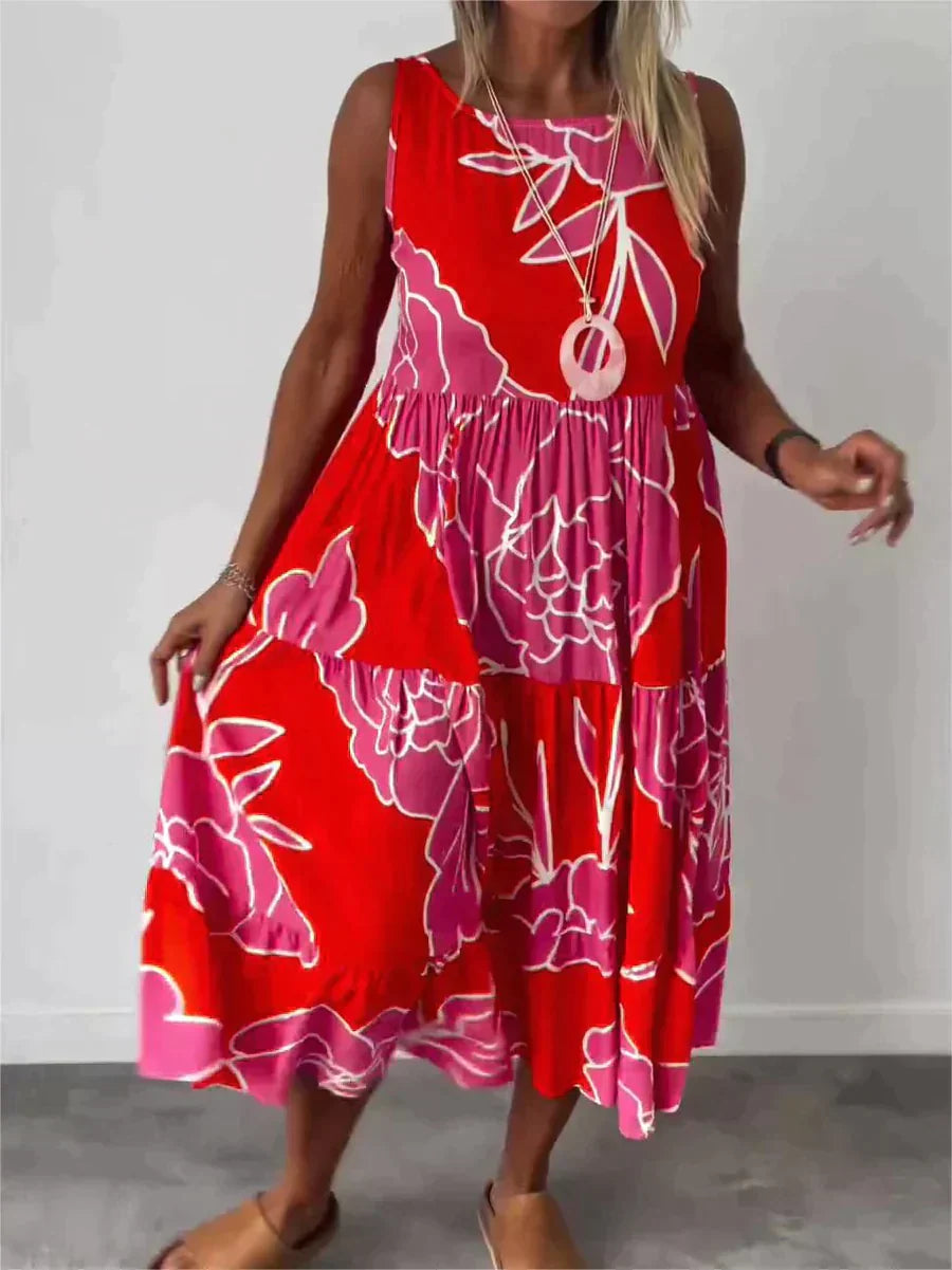 Ärmelloses Damen Midikleid mit Blumenmuster – Lockeres Sommerkleid im luftigen A-Linien-Schnitt