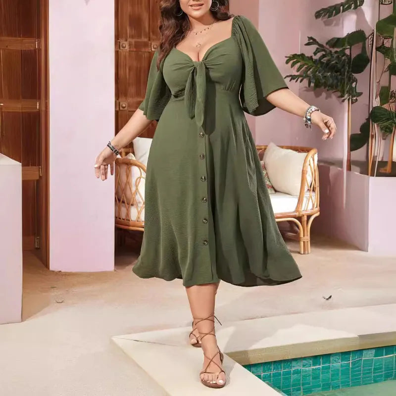 Damen Sommerkleid mit Schleife vorne – Elegantes Midi-Kleid mit V-Ausschnitt und Volantärmeln für Urlaub, Party & Alltag