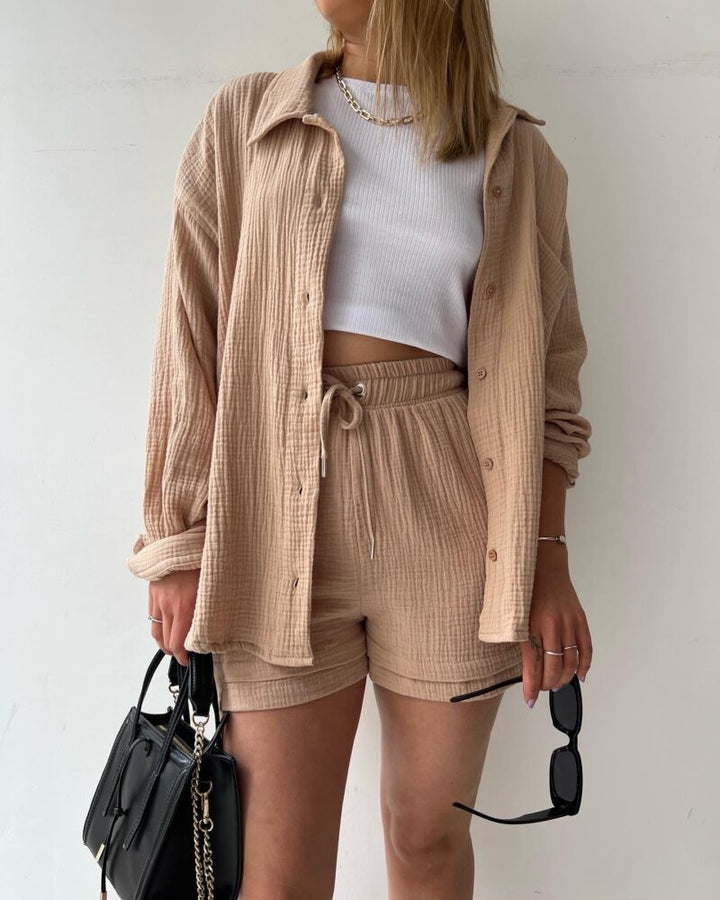 Ensemble lounge deux pièces pour femmes en mousseline – chemise oversize et short avec cordon de serrage