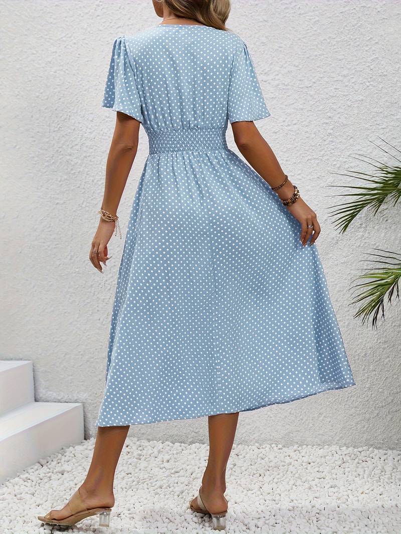 Abito midi da donna con pois e coulisse – Abito estivo arioso con scollo a V e maniche corte