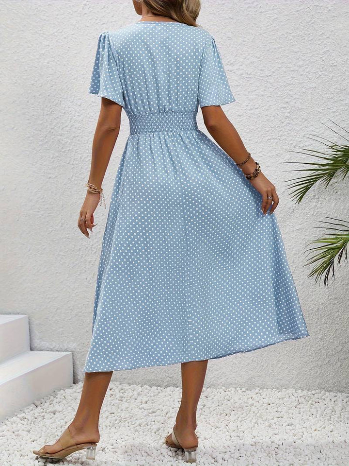 Abito midi da donna con pois e coulisse – Abito estivo arioso con scollo a V e maniche corte