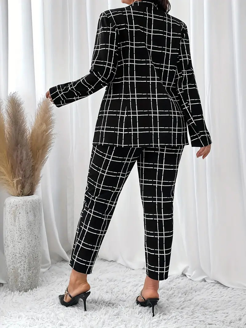 Ensemble blazer à carreaux chic Veste blazer à revers & pantalon fuselé