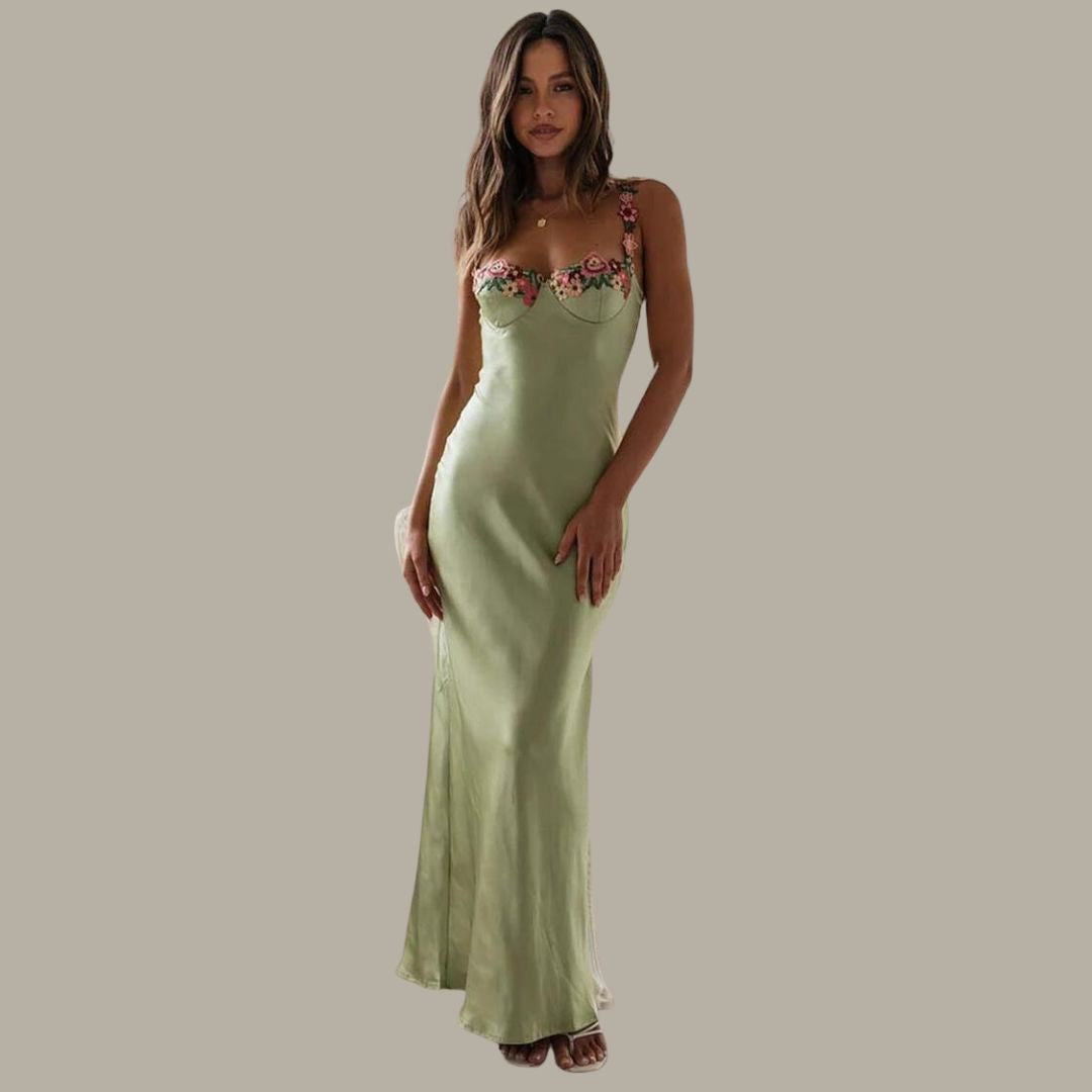 Elegantes Satin-Maxikleid mit filigraner Blumenverzierung