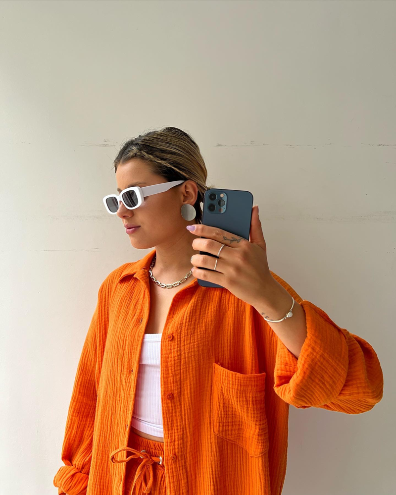 Ensemble lounge deux pièces pour femmes en mousseline – chemise oversize et short avec cordon de serrage