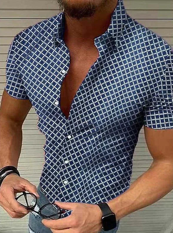 Chemise à manches courtes slim fit pour homme avec motif à carreaux – Chemise décontractée ajustée pour l'été, les fêtes et les vacances