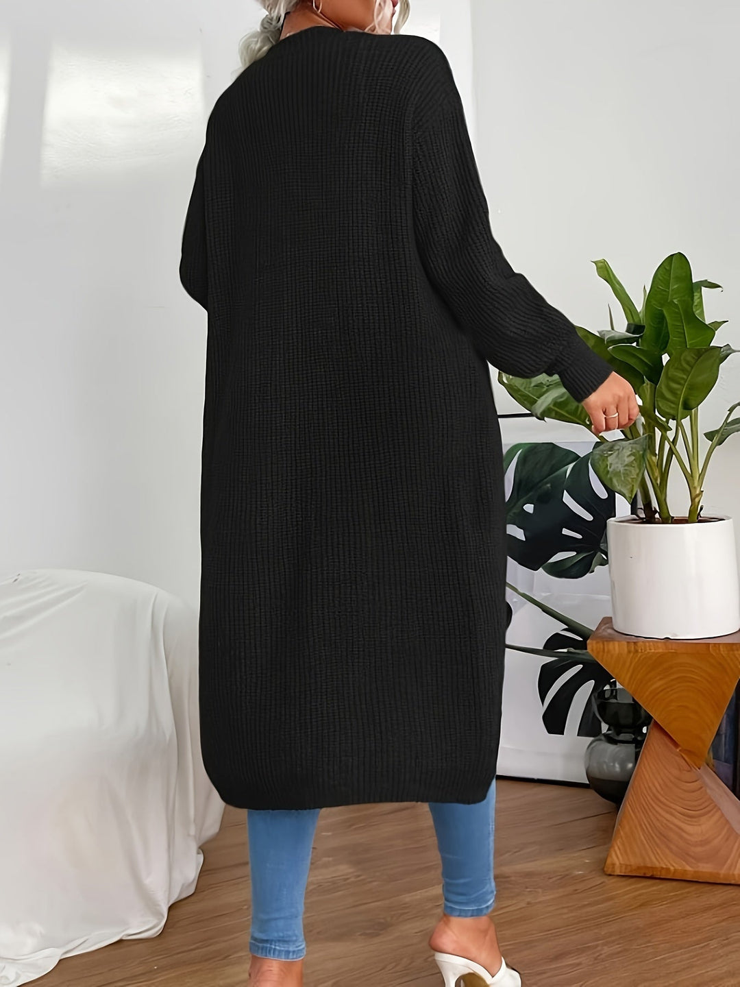 Long cardigan en maille pour femmes – manteau en maille grosse ouverte avec poches et coupe décontractée