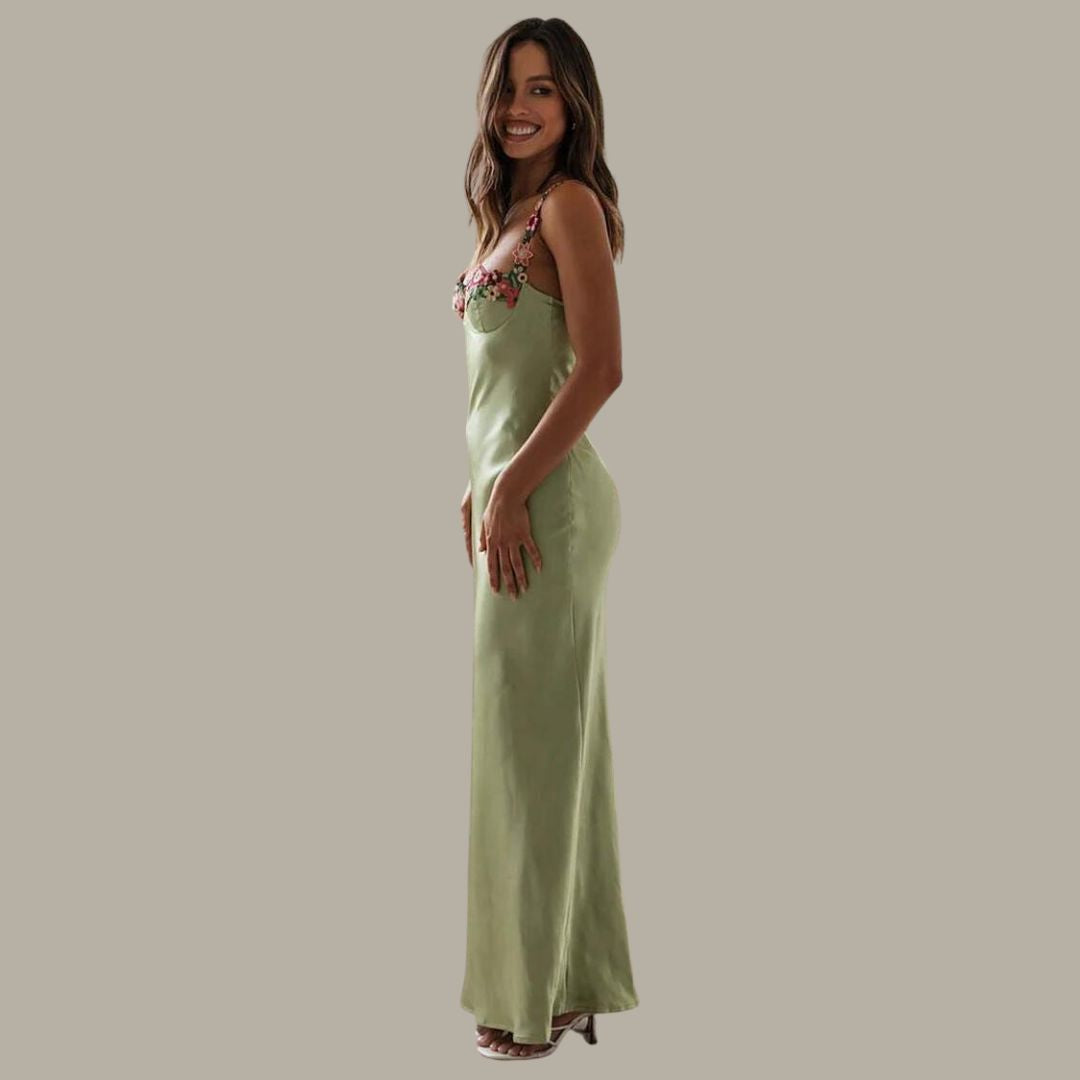 Elegantes Satin-Maxikleid mit filigraner Blumenverzierung