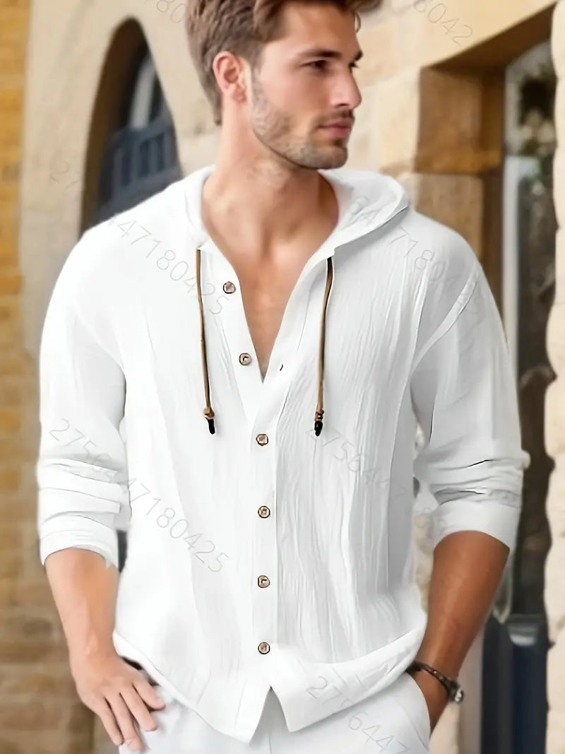 Chemise légère en lin pour homme avec capuche – chemise d'été avec patte de boutonnage et cordon de serrage pour la plage, les vacances et les loisirs