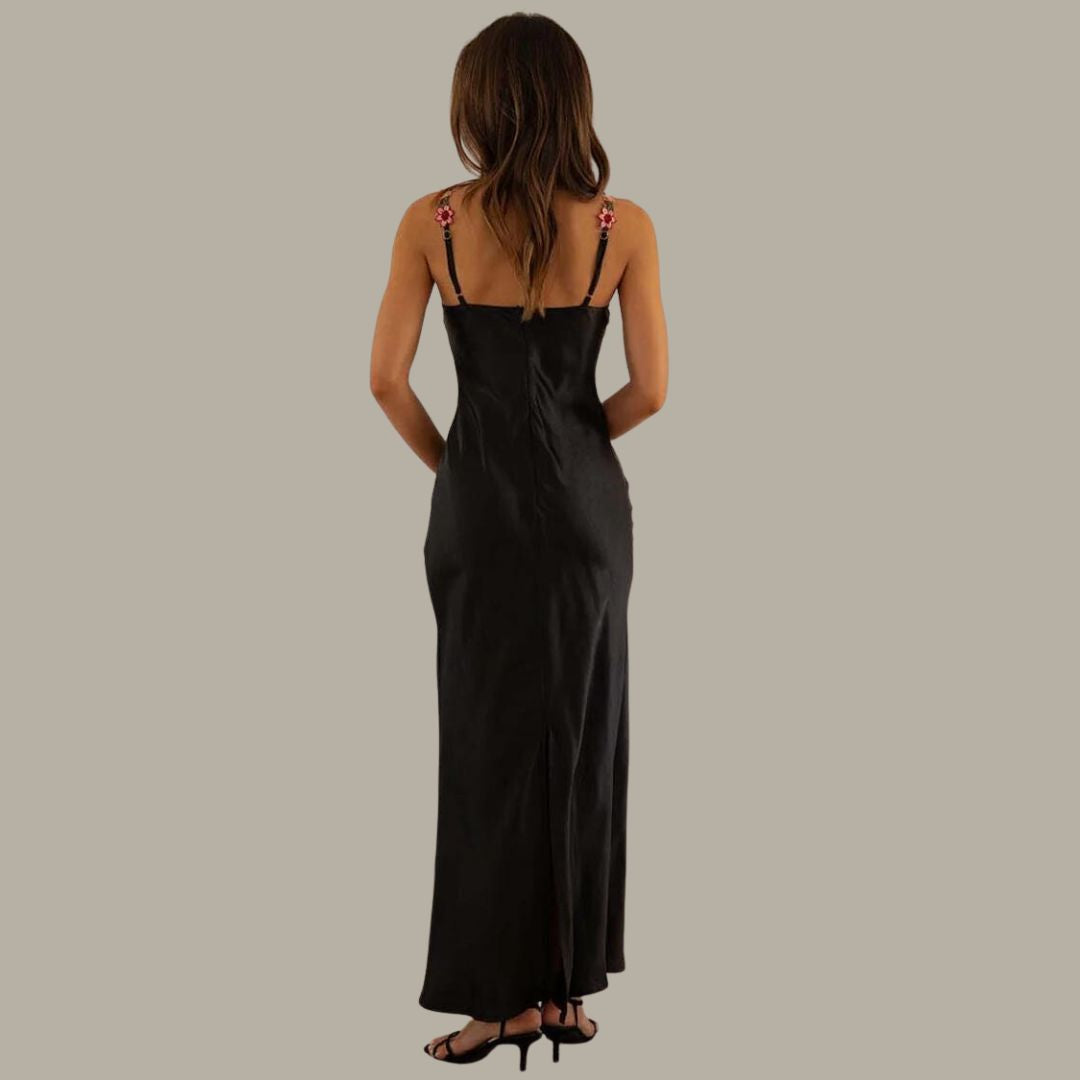 Elegantes Satin-Maxikleid mit filigraner Blumenverzierung