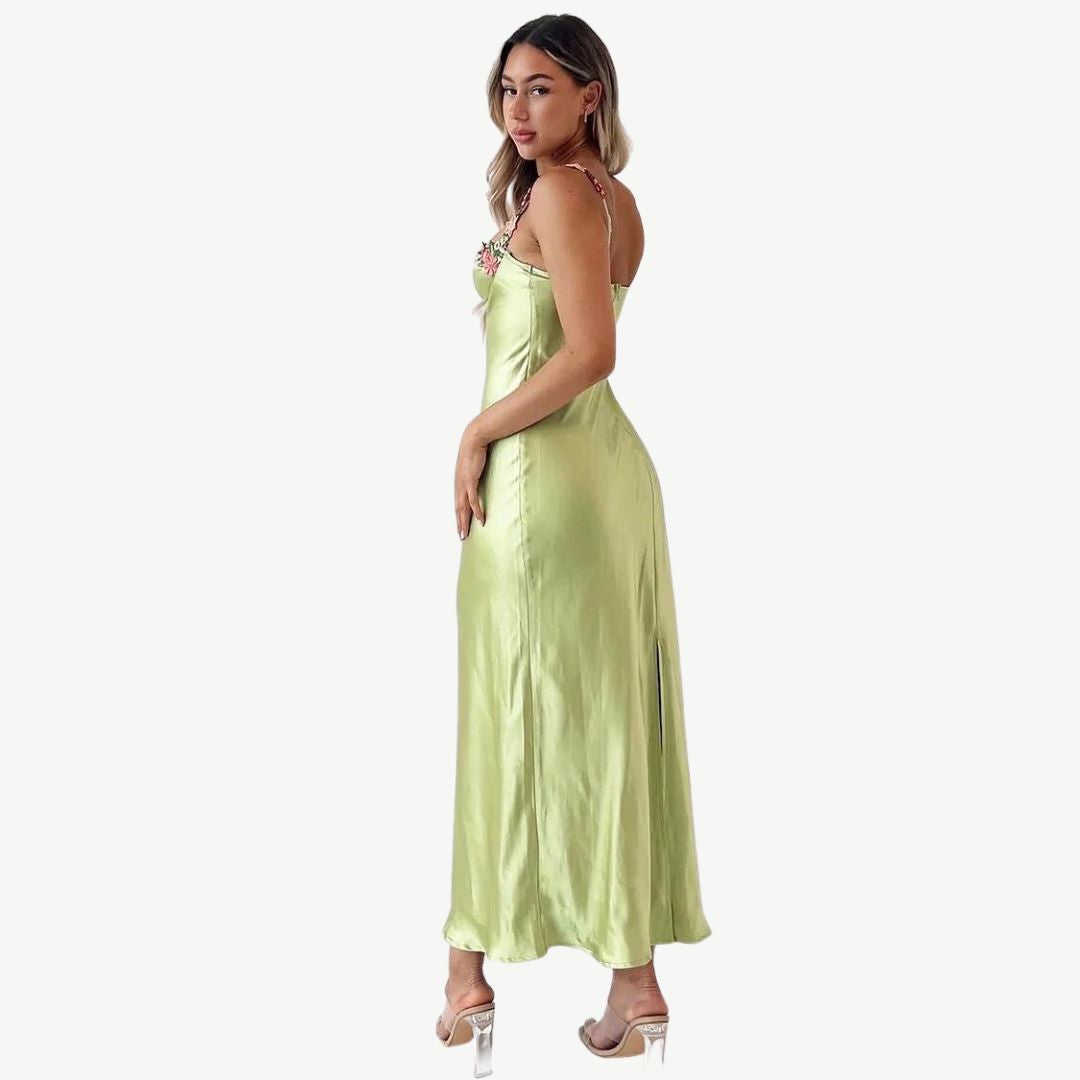 Elegantes Satin-Maxikleid mit filigraner Blumenverzierung
