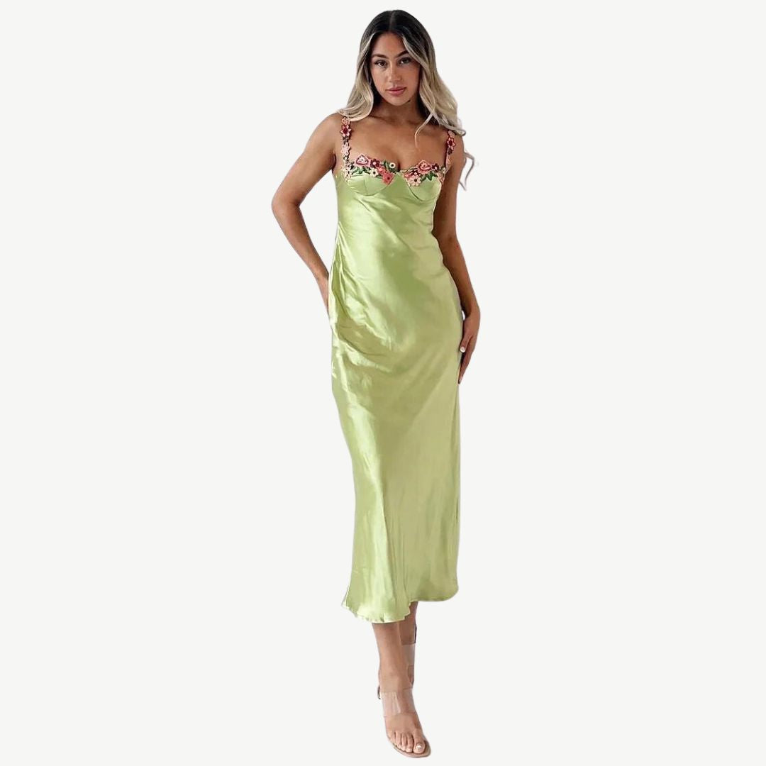 Elegantes Satin-Maxikleid mit filigraner Blumenverzierung