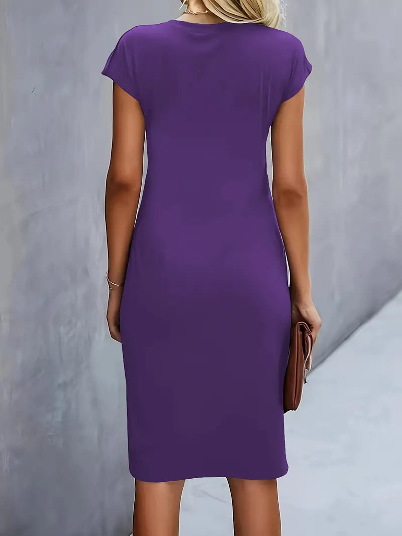 Abito a tubino da donna con pieghe – Abito da lavoro aderente con scollo rotondo per ufficio, eventi e look serali