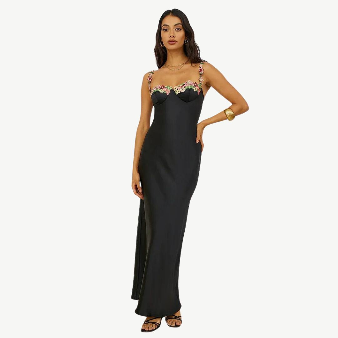 Elegantes Satin-Maxikleid mit filigraner Blumenverzierung