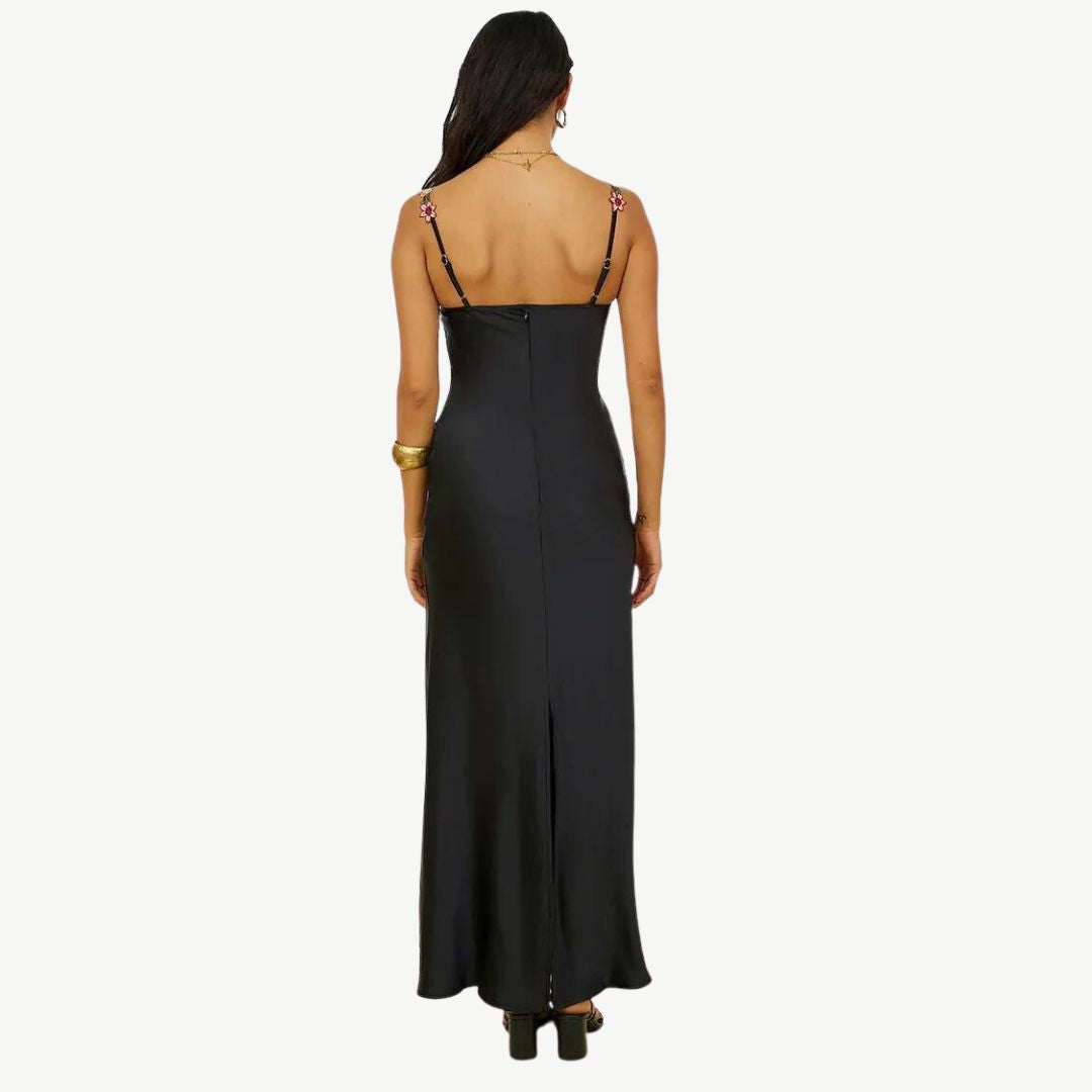 Elegantes Satin-Maxikleid mit filigraner Blumenverzierung