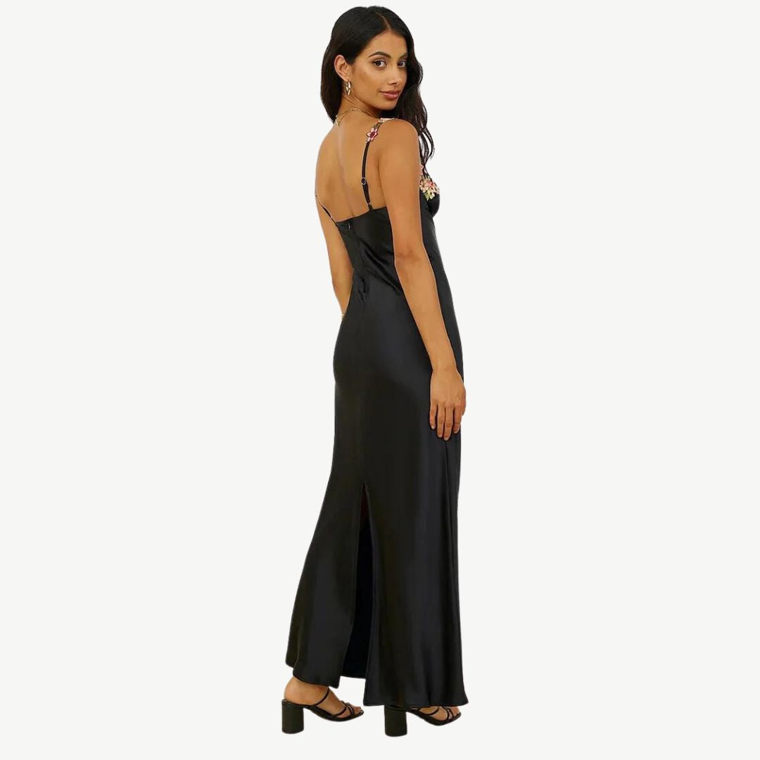Elegantes Satin-Maxikleid mit filigraner Blumenverzierung