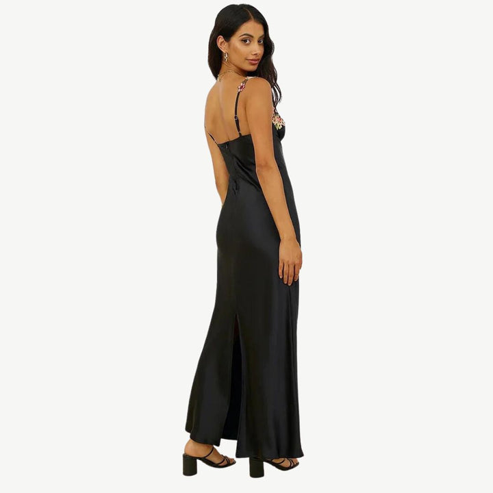 Elegantes Satin-Maxikleid mit filigraner Blumenverzierung