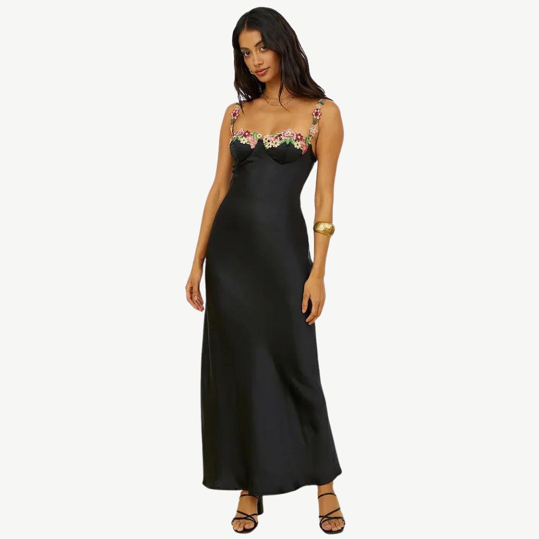 Elegantes Satin-Maxikleid mit filigraner Blumenverzierung