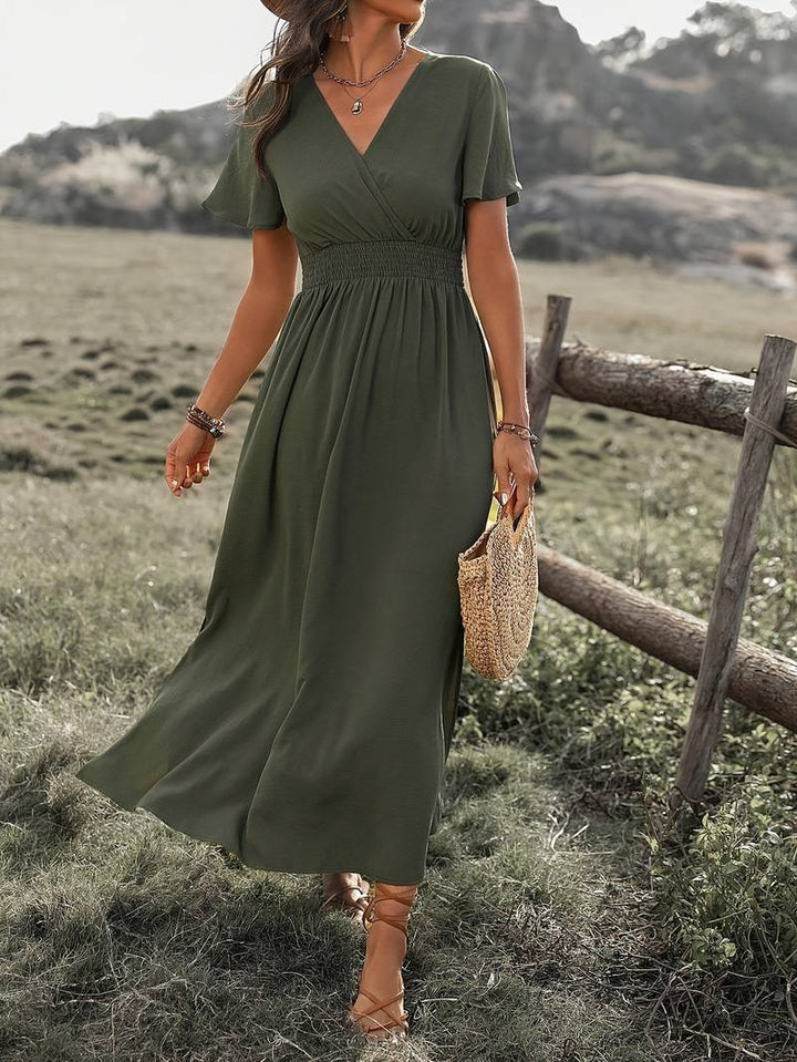 Abito lungo boho da donna con scollo a V – abito estivo con maniche corte, spacco e vita elastica per vacanze, tempo libero e festival