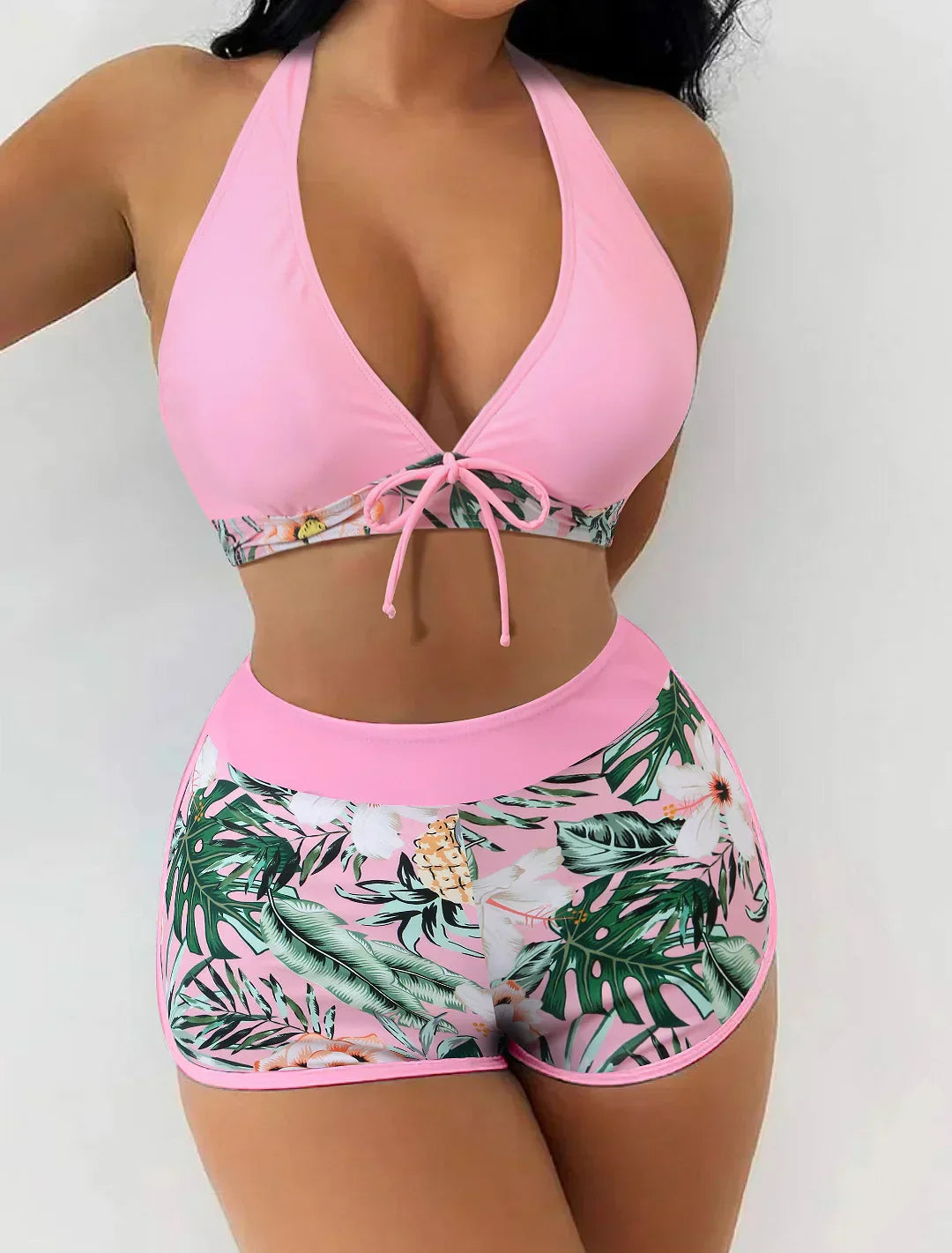 Set bikini sportivo da donna con pantaloncini a vita alta – Ideale per la spiaggia, il nuoto e le attività estive