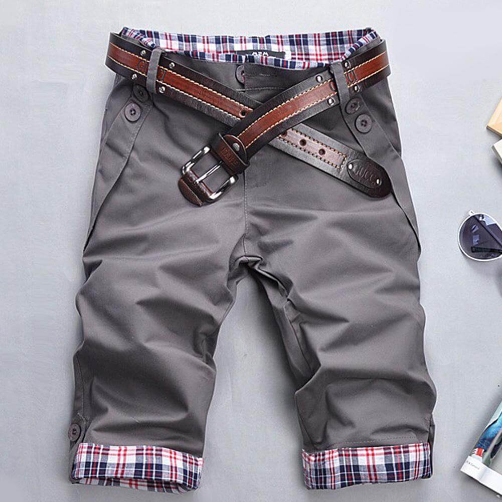 Bermuda pour hommes avec ceinture – Short chino avec doublure à carreaux et jambes retroussables pour l'été et les loisirs