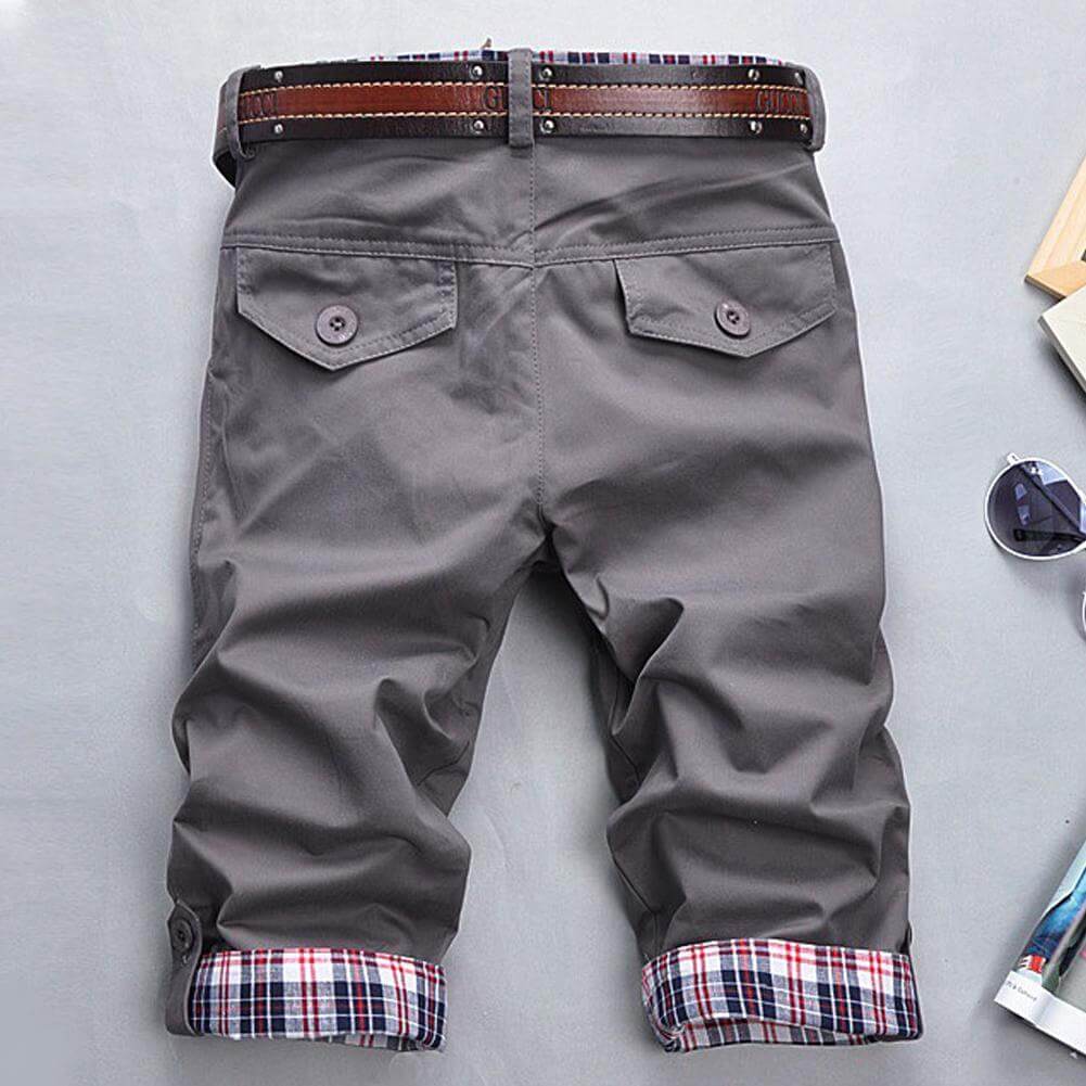 Bermuda pour hommes avec ceinture – Short chino avec doublure à carreaux et jambes retroussables pour l'été et les loisirs