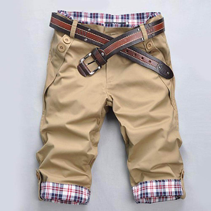 Bermuda pour hommes avec ceinture – Short chino avec doublure à carreaux et jambes retroussables pour l'été et les loisirs