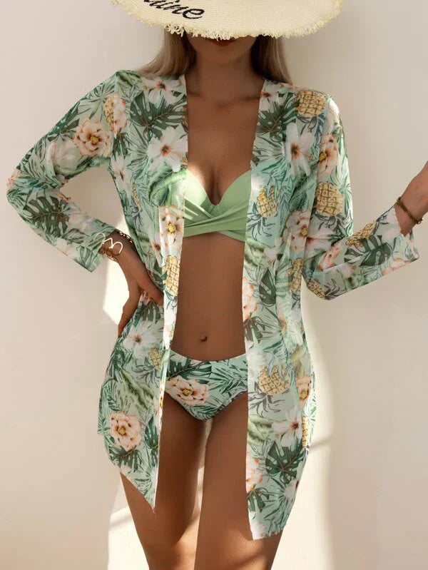 Set bikini donna 3 pezzi con motivo tropicale – Include cardigan, top bikini e pantaloni per estate e spiaggia