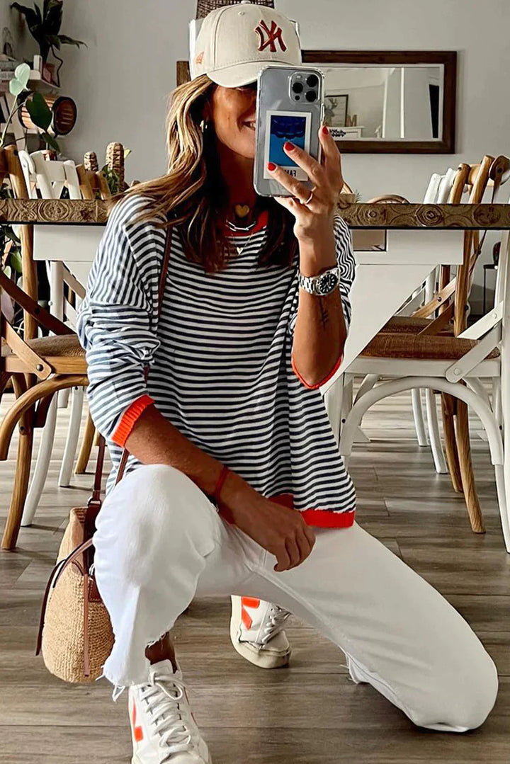 Maglia a maniche lunghe a righe da donna – camicia oversize ampia con dettagli a contrasto per tutti i giorni, viaggi e tempo libero