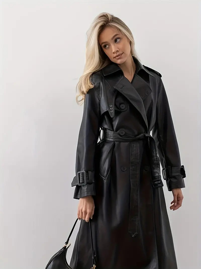 Winona - Trenchcoat veste en cuir avec ceinture