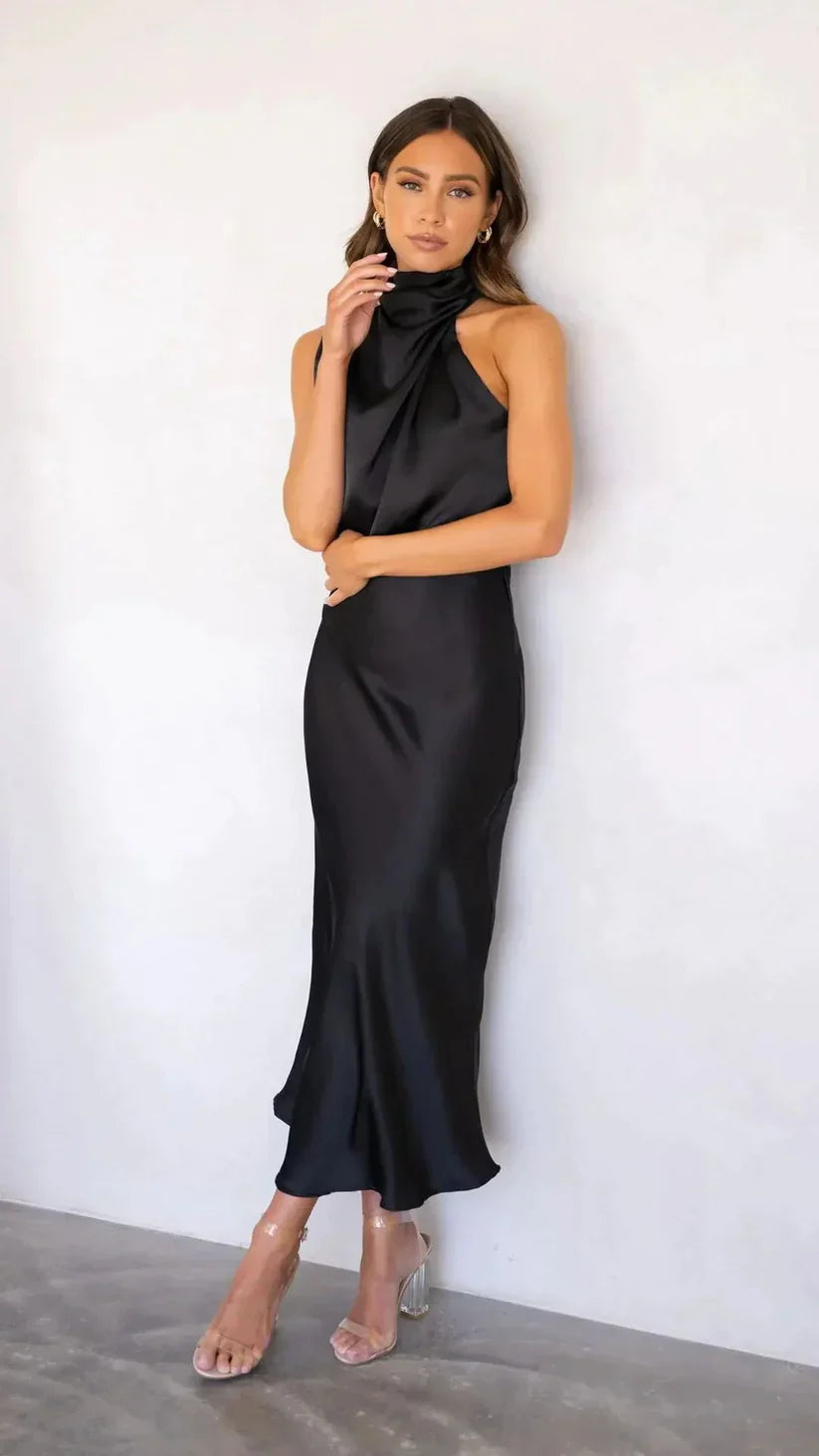 Robe de soirée femme satinée – coupe midi ajustée, design asymétrique sans manches