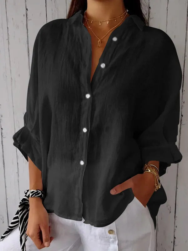 Camicia da donna in lino oversize – Camicia a maniche lunghe ariosa con abbottonatura per estate e spiaggia