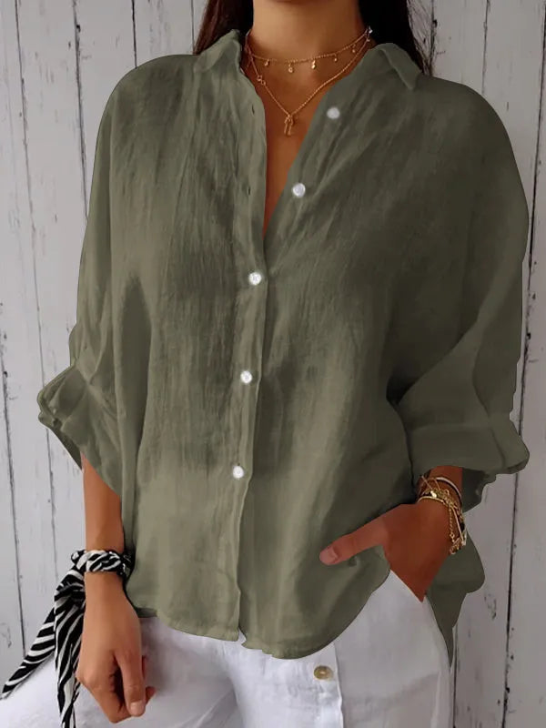 Camicia da donna in lino oversize – Camicia a maniche lunghe ariosa con abbottonatura per estate e spiaggia