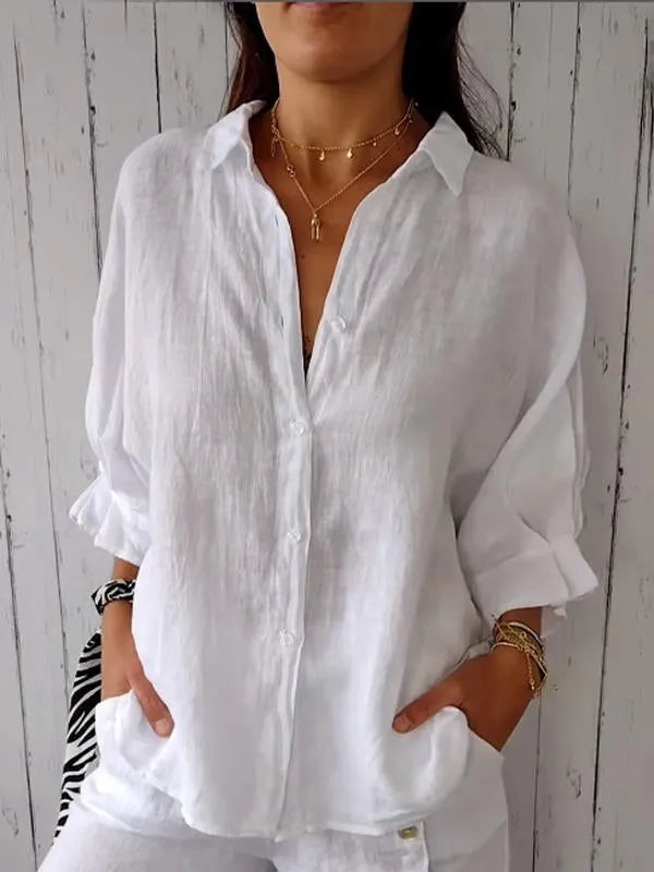 Camicia da donna in lino oversize – Camicia a maniche lunghe ariosa con abbottonatura per estate e spiaggia