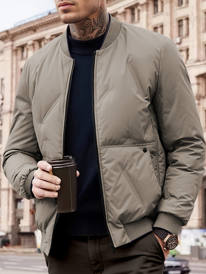 Veste d'hiver chaude à col baseball avec fermeture éclair, polaire unie avec poches pour hommes | Parfait pour les activités de plein air