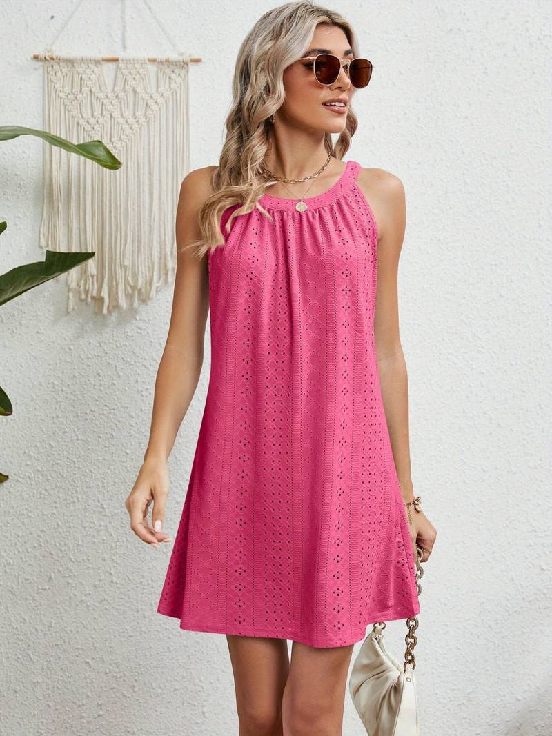 Damen Sommerkleid mit Lochstickerei – Ärmelloses A-Linien Kleid für Strand, Freizeit & Urlaub