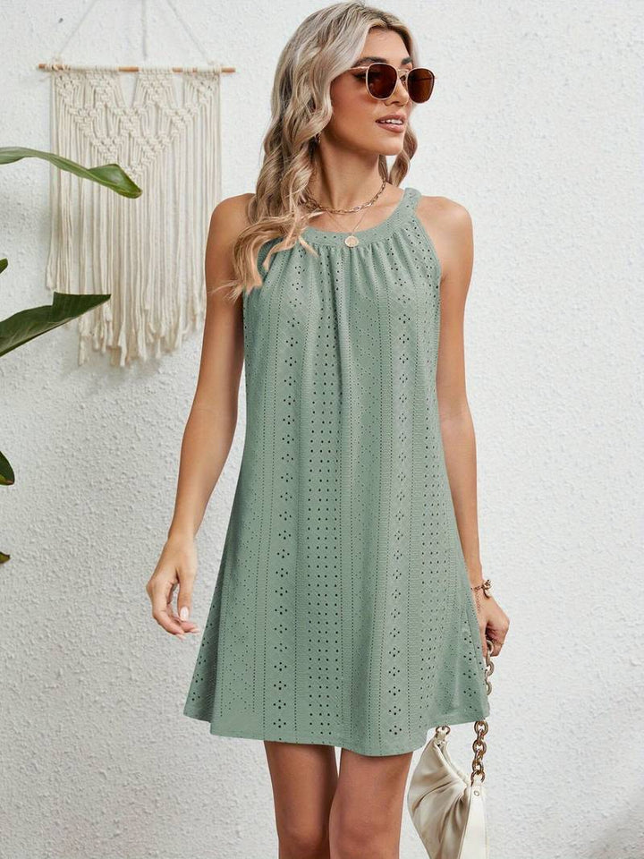 Damen Sommerkleid mit Lochstickerei – Ärmelloses A-Linien Kleid für Strand, Freizeit & Urlaub