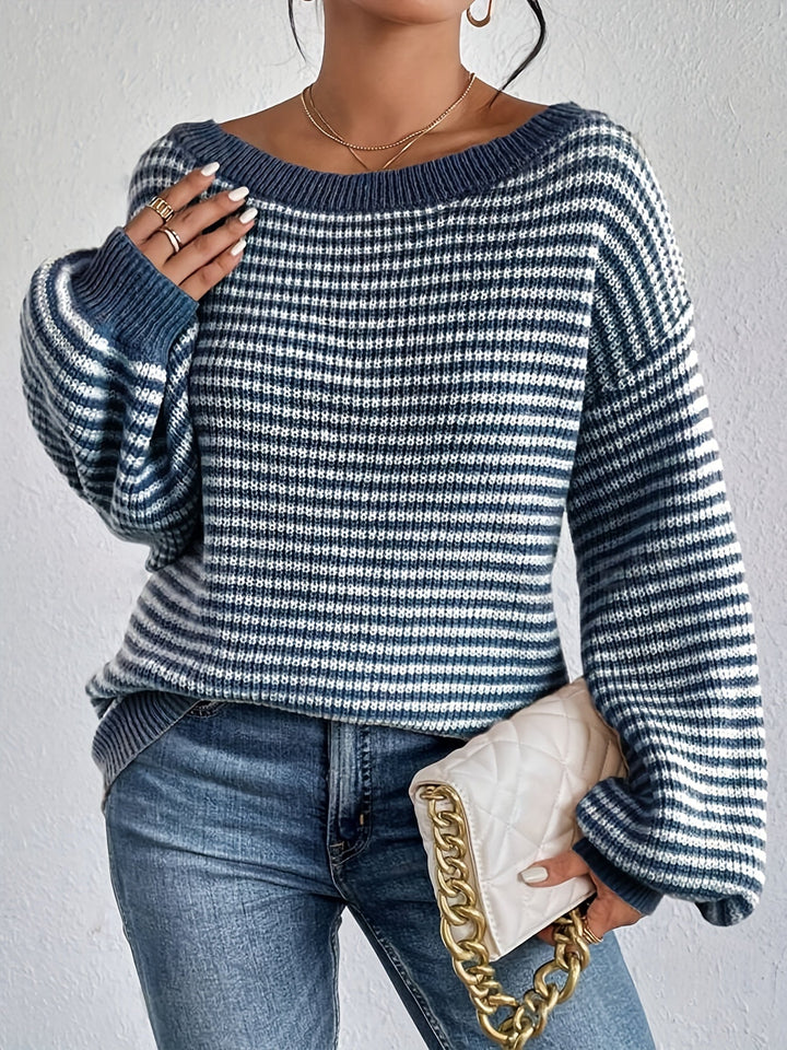 Vintage Schulterfreier Baumwollpullover mit Streifen, elastischem Stoff und Rundhalsausschnitt Pullover Damen | Ideal für Frühling