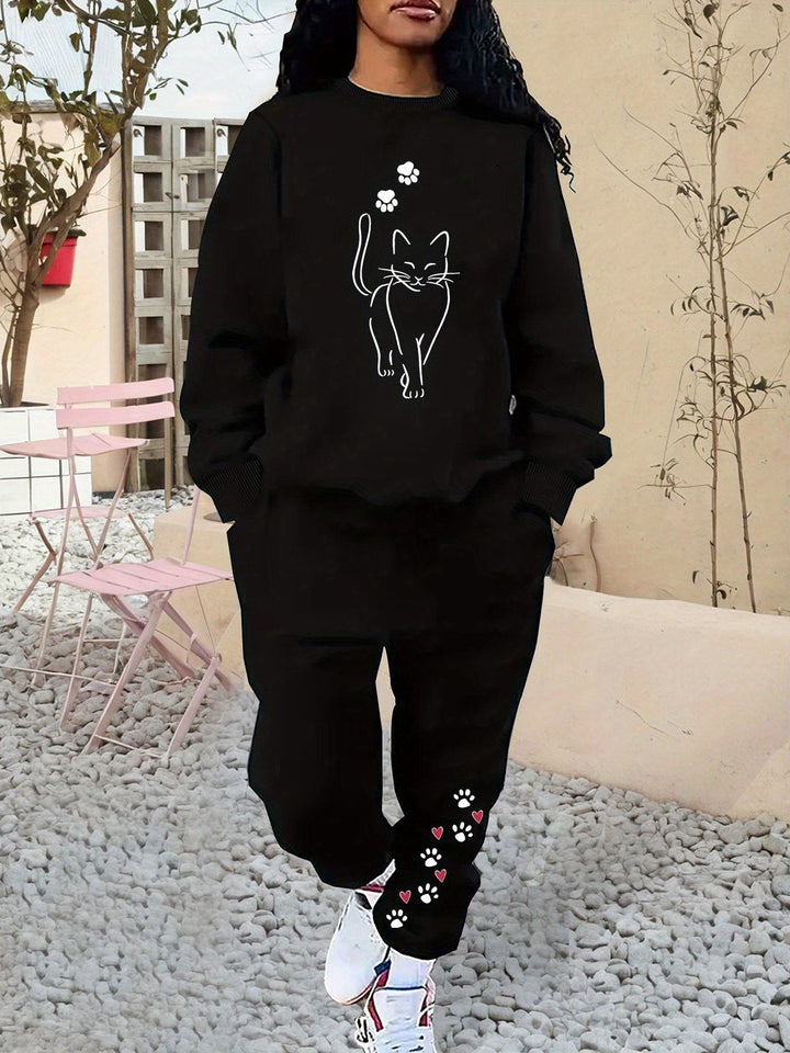 Sweat-shirt en coton confortable avec motif de chat & pantalon de jogging pour femmes | Idéal pour automne/hiver